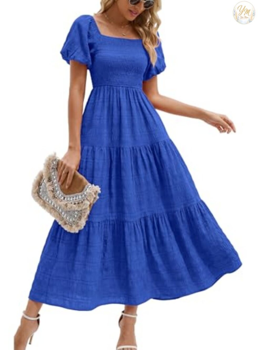 Womens Puff Short Sleeve Maxi Dress Square Neck A-Line Smocked Summer